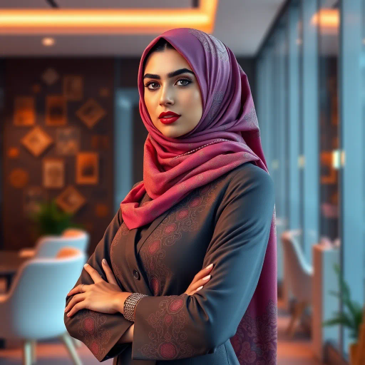 elegant Arab woman, contemporary fashion, hijab, professional attire, modern workplace, high heels, Middle Eastern influence, vibrant colors, soft ambient lighting, dynamic posing, cultural expression, delicate textiles, confident and empowering presence, sophisticated grace, diverse cultural representation, fusion of modern and traditional elements, cultural fusion, empowerment and poise, Impressionism influences, Gustav Klimt inspiration, Art Nouveau elegance, intricate patterns, intricate detailing, vibrant color palette, symbolic attire, office environment, balance and harmony, dynamic composition, surreal lighting, cultural narrative, refined textures, bold symbolism, artistic influences, multicultural dialogue, striking balance, expressive realism, innovative representation, unique fashion, delicate balance, harmonious color palette