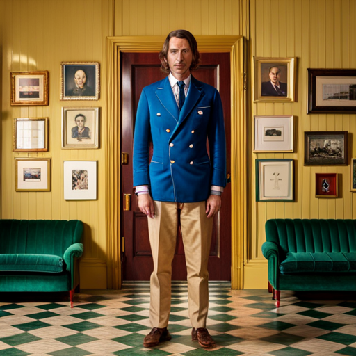 wes anderson, film director, quirky, symmetrical, pastel colors, vintage, intricately designed sets, playful, whimsical, dry humor, ensemble cast, retro, 1960s, unique character costumes, colorful props, intricate framing, angled camera shots, artistic composition, vintage typography, surrealism