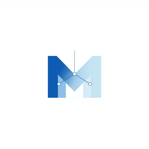 abstract letter M logo, parent node, child nodes, thin branching lines, tree hierarchy, indigo gradient, minimal vector design, white background, geometric abstraction, modernist influence, Bauhaus, clean lines, connection symbolism, hierarchical structure, conceptual design, negative space, visual balance, contemporary aesthetics