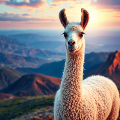 majestic llama, surreal landscape, dramatic lighting, detailed fur texture, enchanting colors, Salvador Dali influences, ethereal glow, mystical presence, vibrant pastels, intricate wool patterns, luminous aura, dreamlike setting, sweeping panoramic view, whimsical essence, mythical creatures, otherworldly terrain, soft and diffuse shadows, playful innocence, elegant posture, transcendent beauty, imaginative environment