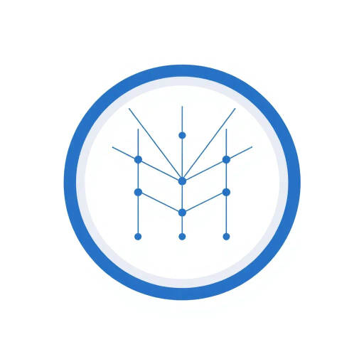 abstract letter M logo, parent node, child nodes, thin branching lines, tree hierarchy, indigo gradient, minimal vector design, white background, geometric abstraction, modernist influence, Bauhaus, clean lines, connection symbolism, hierarchical structure, conceptual design, negative space, visual balance, contemporary aesthetics