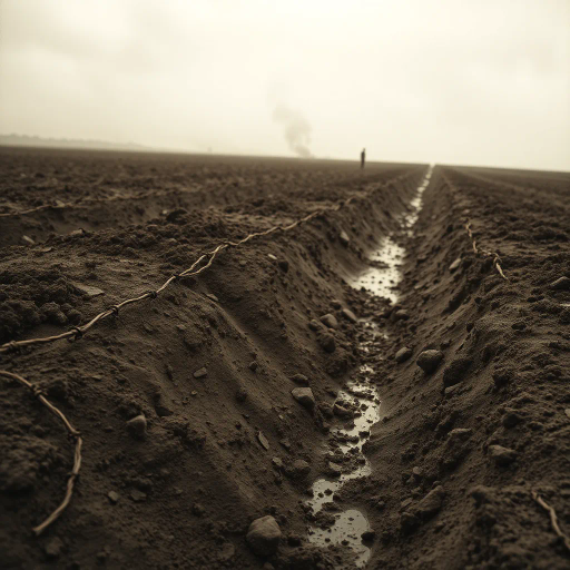 World War I, no man's land, muddy terrain, shell holes, somber, atmospheric perspective, muted color palette, sepia tones, historical influence, war imagery, chaos, trench warfare, dramatic lighting, low angle perspective, Gertrude Käsebier influence, textural detail, desolation, barbed wire, muddy textures, emotional intensity, overcast skies, smoky air, sorrowful mood, historical realism, Claude Monet influence, dynamic composition, earth tones, vast expanse, endless horizon, visceral experience