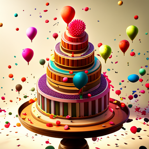 birthday, celebration, party, three-dimensional, sculptural, colorful, playful, interactive, immersive, realistic, joyful, cake, candles, balloons, confetti, gifts, presents, decorations, textures, lighting, composition, vibrant colors, fantasy, surrealism, whimsical, magical