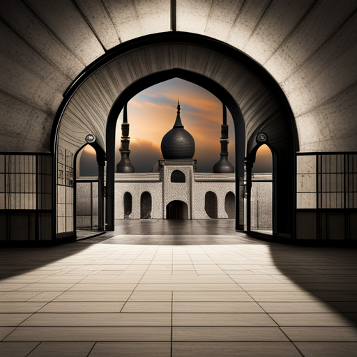 symbolic masjid, rounded border, border shadow, clock, 04:10, caption, 7 minutes walking distance, location