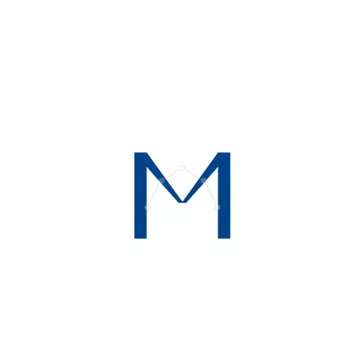 abstract letter M logo, parent node, child nodes, thin branching lines, tree hierarchy, indigo gradient, minimal vector design, white background, geometric abstraction, modernist influence, Bauhaus, clean lines, connection symbolism, hierarchical structure, conceptual design, negative space, visual balance, contemporary aesthetics