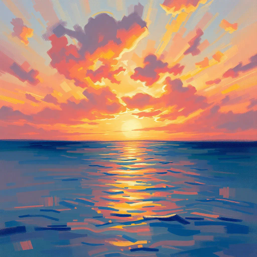 ethereal sunset, vibrant colors, Claude Monet, Impressionism, golden hour lighting, swirling clouds, reflection on water, serene mood, vast horizon, dynamic movement, dreamlike atmosphere, soft brushstrokes, radiant hues, mystical ambiance, tranquil waterscape, luminous glow, immersive landscape, visual poetry, atmospheric depth, otherworldly impression