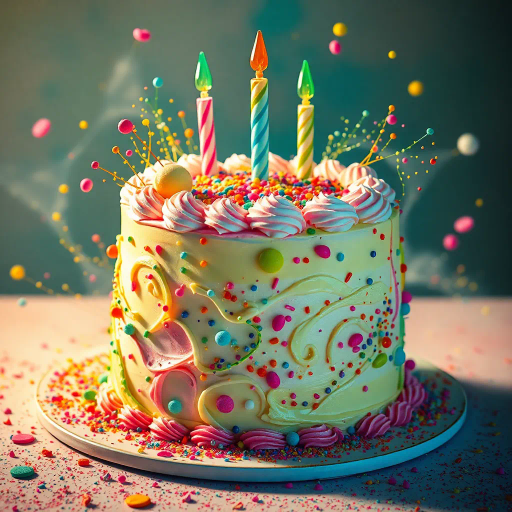 vivid birthday cake, intricate details, vibrant colors, surrealism, whimsical, dream-like, fantastical elements, splashes of paint, soft glow, celebratory mood, contemporary, dynamic composition, pastel hues, icing texture, multicolored sprinkles, playful elements, multi-layered structure, high contrast, delicate frosting, creative presentation, joyful ambiance, artistic flair, imaginative design, cake artistry, festive atmosphere, Salvador Dali, fluorescent lighting, abstract expressions, ethereal essence, contrasting layers, expressive strokes, harmonious blend, imaginative confectionery, intense saturation, visual feast