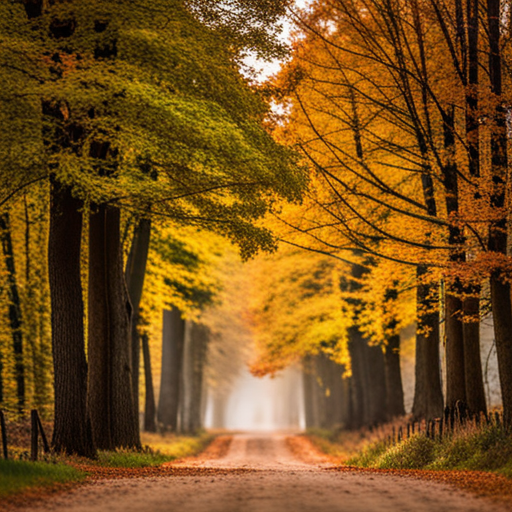 autumn, foliage, colors, golden hour, nature, landscape, impressionism, warm tones, atmospheric, tranquility, fall, season, harvest, harvest moon, misty, earthy, rustic, vibrant, cozy, nostalgic, picturesque, serenity, solitude, melancholy, photographic