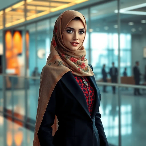 elegant Arab woman, sophisticated hijab, modern workplace, professional attire, high heels, Middle Eastern influence, contemporary art, intricate patterns, vibrant colors, soft lighting, dynamic pose, Impressionism influences, delicate fabrics, confident and empowering presence, cultural expression, diverse representation, cultural fusion, modernism, grace and poise, harmony, balance, cultural narrative, advanced digital techniques, refined textures, bold symbolism, inspired by Gustav Klimt, Art Nouveau elegance, surreal lighting, empowered femininity, rich textures, fluid movement, intricate details, cultural symbolism, confident aura, dynamic composition