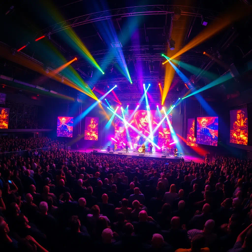 music concert, vibrant lights, dynamic energy, vast audience, panoramic view, stage performance, electrifying atmosphere, colorful spotlights, rhythmic movement, musical instruments, intense focus, dynamic composition, interactive crowd, depth of field, high contrast, emotional resonance, immersive experience, cultural diversity, contemporary setting, detailed textures, artistic flair, inspired by Annie Leibovitz