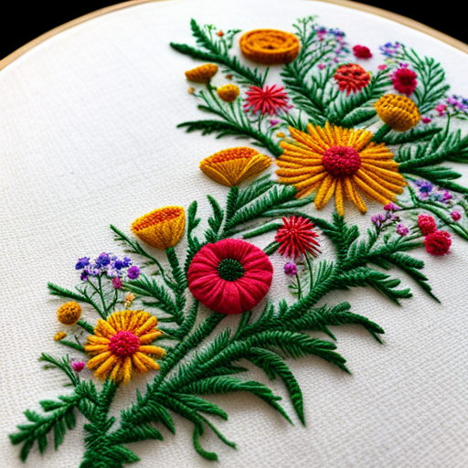 embroidery, pattern, wildflower meadow, delicate stitches, intricate detailing, vibrant colors, nature-inspired, textile art, organic shapes, traditional craft, vintage aesthetic, botanical elements, floral composition, intricate patterns, artistic embellishments, meadow grass, lush foliage, fine craftsmanship