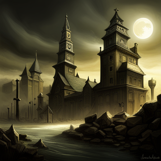 mysterious, Lovecraftian village, dark, eerie, atmospheric, horror, cosmic, ancient, eldritch, Cthulhu, gothic, tentacles, otherworldly, occult, supernatural, lurking, shadows, twisted, cursed, forgotten, arcane, nightmarish, unsettling, chilling, monstrous, macabre, foreboding, desolate, haunted