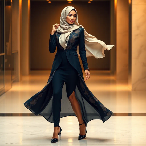 elegant Arab woman, sophisticated hijab, modern workplace, professional attire, high heels, Middle Eastern influence, contemporary art, intricate patterns, vibrant colors, soft lighting, dynamic pose, Impressionism influences, delicate fabrics, confident and empowering presence, cultural expression, diverse representation, cultural fusion, modernism, grace and poise, harmony, balance, cultural narrative, advanced digital techniques, refined textures, bold symbolism, inspired by Gustav Klimt, Art Nouveau elegance, surreal lighting, empowered femininity, rich textures, fluid movement, intricate details, cultural symbolism, confident aura, dynamic composition