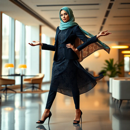 elegant Arab woman, contemporary fashion, hijab, professional attire, modern workplace, high heels, Middle Eastern influence, vibrant colors, soft ambient lighting, dynamic posing, cultural expression, delicate textiles, confident and empowering presence, sophisticated grace, diverse cultural representation, fusion of modern and traditional elements, cultural fusion, empowerment and poise, Impressionism influences, Gustav Klimt inspiration, Art Nouveau elegance, intricate patterns, intricate detailing, vibrant color palette, symbolic attire, office environment, balance and harmony, dynamic composition, surreal lighting, cultural narrative, refined textures, bold symbolism, artistic influences, multicultural dialogue, striking balance, expressive realism, innovative representation, unique fashion, delicate balance, harmonious color palette
