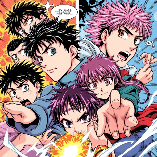 dynamic characters, intricate costumes, vibrant energy, vivid emotion, bold lines, expressive eyes, dramatic angles, energy bursts, vibrant colors, stylized action, cultural references, fantastical elements, modern storytelling, fluid motion, intense drama, character evolution, narrative depth, vibrant landscapes, animated world, stylistic exaggeration, Manga influences, deep shadows, contrasting tones, dynamic composition