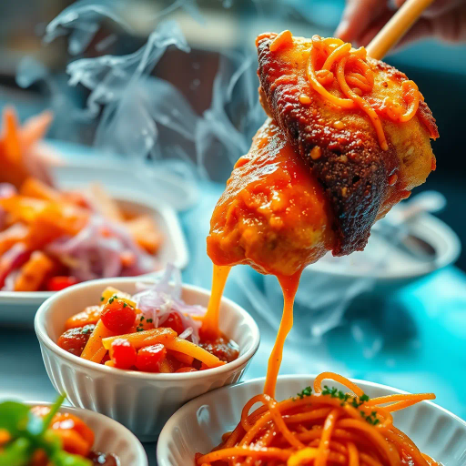 gourmet cuisine, hyper-realistic rendering, vibrant colors, intricate textures, culinary artistry, exquisite detail, contemporary realism, mouth-watering appeal, dynamic composition, soft lighting, rich hues, gastronomic delicacies, camera angle focus, immersive experience, sensory delight, cultural fusion, meticulous craftsmanship, visual feast, modern presentation, appetizing aesthetics