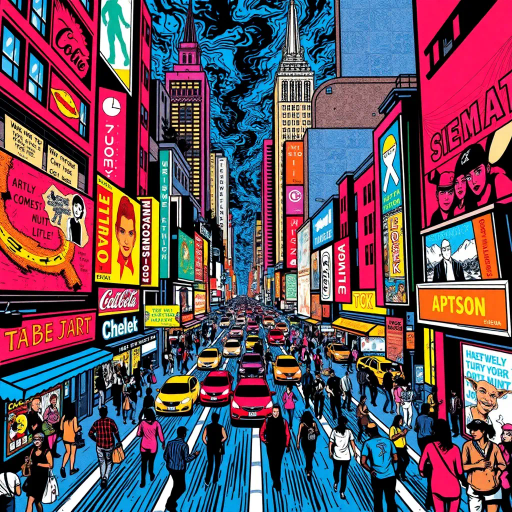 explosive cityscape, dynamic urban environment, chaotic buildings, bustling streets, vibrant colors, graphic novel style, exaggerated perspective, dramatic angles, action-packed scenario, high-energy composition, bustling metropolis, narrative-driven art, comic strip dynamism, intense line work, bold outlines, energetic storytelling, cultural vibrancy, imaginative city life, urban adventures