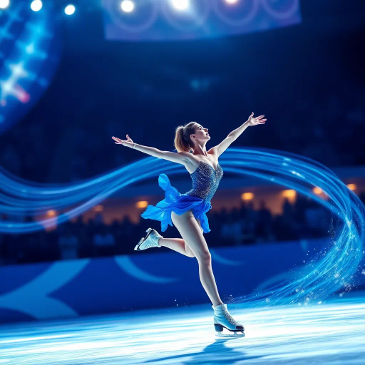 olympic figure skating, ethereal movement, dynamic motion, luminous blue, elegant choreography, azure hues, shimmering lights, impressionist glow, spectators in awe, graceful rotations, fluid lines, kinetic energy, atmospheric lighting, crystalline textures, contemporary art, artistic swirls, capturing momentum, visual rhythm, energetic ambiance, vibrant contrast, sense of balance, dramatic flair, impression of unity, reflective surface, vivid spectacle, artistic interpretation, cultural celebration