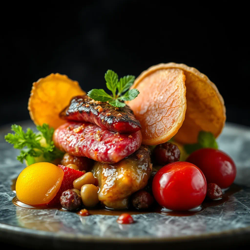 hyper-realistic, culinary artistry, still life, vibrant colors, succulent textures, gourmet presentation, chiaroscuro lighting, rich detail, natural composition, culinary textures, glossy surfaces, nuanced hues, modern aesthetic, exquisite plating, artisanal craftsmanship, gourmet indulgence, food as art, visual feast, sumptuous presentation, high contrast, appetizing visual, culinary elegance, food photography, lavish detail, artistic cuisine, contemporary style, culinary masterpiece, vivid contrast, vibrant elegance, photorealism, aesthetic delight, culinary creativity, sensorial experience