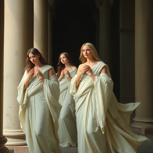 ethereal vestal virgins, Roman mythology, neoclassical inspiration, dramatic chiaroscuro lighting, flowing white garments, serene expressions, sacred rituals, architectural columns, soft pastel tones, timeless elegance, historical accuracy, divine ambiance, artistic grace, soft brush strokes, spiritual symbolism, tranquil harmony, cultural reverence, mystical aura, gentle movement, artistic intent, atmospheric perspective, intricate details, classical beauty, reverent mood, storytelling composition
