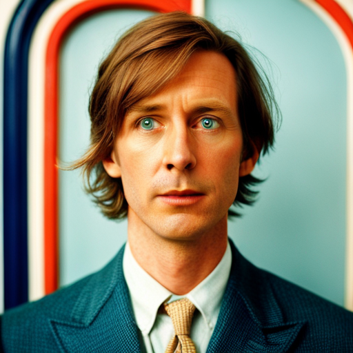 Wes Anderson, quirky, symmetrical, pastel colors, retro-futuristic, whimsical, ensemble cast, dry humor, framing, meticulous, detail-oriented, unique, idiosyncratic, stylized, charming, deadpan, theatrical, nostalgic, dreamlike, artifice, formalism, directorial vision