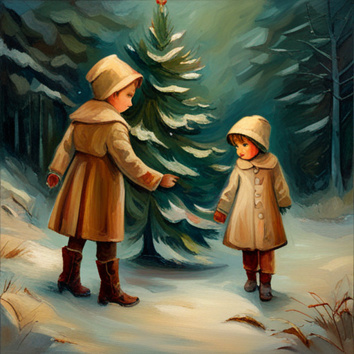 vintage, oil, impersonalism, Winter Children under a Christmas Tree Painting, classic, muted colors, textured