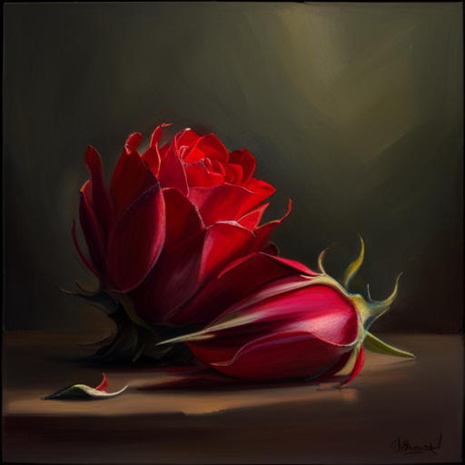 Romanticism, still-life, Delicate, Petals, Thorns, Emotional Symbolism, Warm Lighting, Chiaroscuro, Oil Painting, Impressionism, Fragility, Beauty, Red, Life Cycle, Nature, Art Nouveau