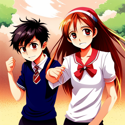 manga, Japanese art, school friends, friendship, youth, dynamic composition, expressive characters, flowing hair, school uniforms, shy girl, boyish boys, contrast, emotional connection, joyful, energetic, lively, manga artist, school setting, emotive facial expressions, detailed backgrounds, iconic poses, action-packed, adventurous, fun