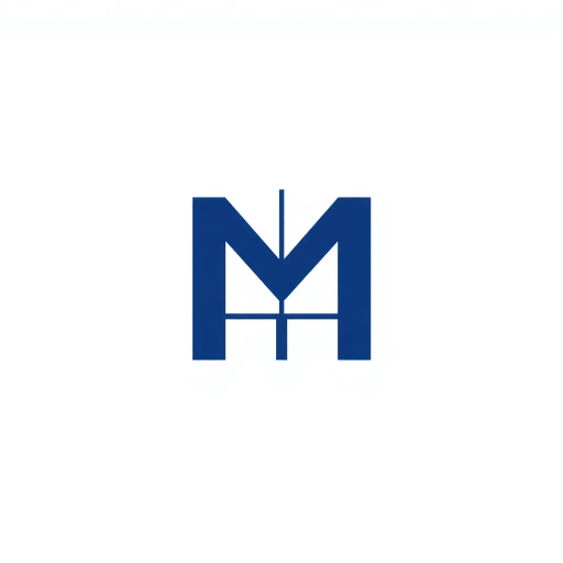 minimalist, bold, letter M, logo design, solid geometric shapes, V-shaped connectors, branching lines, hierarchy symbolism, indigo blue color palette, flat vector style, clean composition, modern SaaS branding, software aesthetics, white background, high-tech elegance, contemporary design, clarity, sleek presentation, geometric precision, corporate identity, monochromatic balance, visual hierarchy