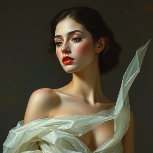 Renaissance, surrealism, ethereal elegance, chiaroscuro lighting, muted pastels, oil paint texture, Botticelli, Dali, delicate translucence, female form, elegance, dreamlike atmosphere, baroque curves, intimate portrait, flowing drapery, softness, timeless allure, serene expression, modern interpretation, cultural fusion, emotive gaze, gentle movement, classic composition, symbolic beauty, illuminated silhouette, harmonious balance, poised stance