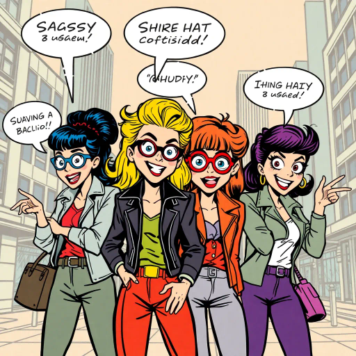 sassy characters, playful demeanor, expressive gestures, exaggerated expressions, vibrant colors, pop-art influence, dynamic composition, energetic lines, contemporary fashion, urban setting, whimsical mood, Roy Lichtenstein, speech bubbles, bold outlines, 1960s comic style, humorous tone, graphic art, American comic elements, expressive eyes, stylized features, youthful adventure, lively interaction, city backdrop, cultural nuances, lighthearted narrative, contrast between characters, bold typography, engaging story, visual storytelling, vibrant pop-art palette, contrasting hues, bold comic style, retro vibe, graphic narrative