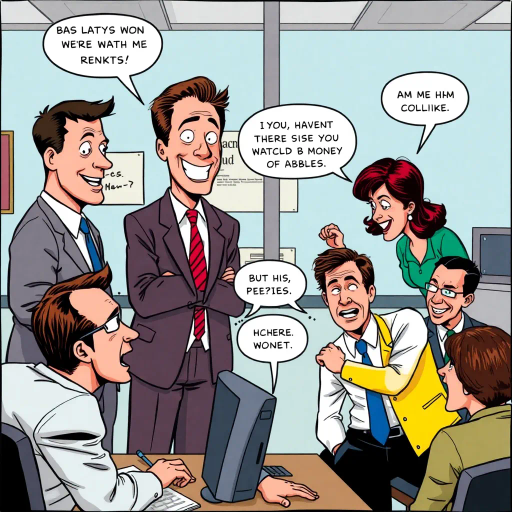 satirical workplace dynamics, humorous situations, colorful characters, Jim Halpert, Pam Beesly, mockumentary style, lively banter, office antics, playful tone, exaggerated expressions, narrative humor, corporate setting, vibrant palette, dynamic panels, exaggerated scenarios, comedic timing, slice of life, workplace comedy, Michael Scott, sitcom classic, Roy Lichtenstein influence, pop art aesthetic
