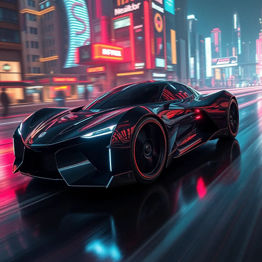 futuristic car design, sleek lines, chrome finish, vibrant neon highlights, dramatic lighting, dynamic movement, aerodynamic shape, retro-futurism, precision engineering, urban environment, concept art, high-tech materials, hyper-realistic detailing, modern aesthetics, speed and agility, metallic textures, ambient atmosphere, avant-garde composition, illuminated cityscape, art deco influences