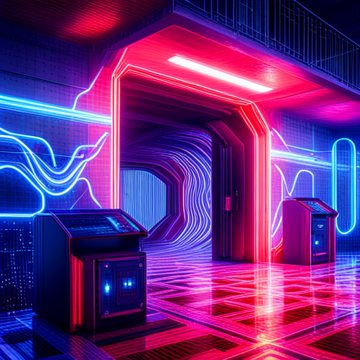 vintage arcade games, glitch art, retro-futurism, pixelated graphics, cyberpunk influences, neon lights, generative design, electric colors, fast-paced movement, dystopian aesthetics