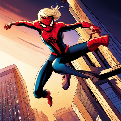 ghostspider, spiderman, superhero, action, Marvel Comics, dynamic, vibrant colors, web-slinging, iconic, New York City, Peter Parker, Gwen Stacy, costume, arachnid, wall-crawling, crime-fighting, urban, adventure, justice, teamwork, famous, Marvel Cinematic Universe, heroic, thrilling, fast-paced, exciting