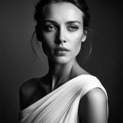 feminine strength, gracefulness, portrait, black-and-white, soft lighting, emotional expression, beauty, empowerment, contemporary, contrast, delicate features, monochrome, dramatic shadows, timeless elegance, chiaroscuro, Renaissance influence, ethereal mood