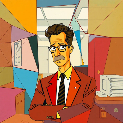 Michael Scott, geometric, cubist influence, abstract expressionism, vibrant color palette, office space, surreal composition, modern corporate satire, intricate line patterns, fragmented forms, Dunder Mifflin, pop art, humor, whimsical tone, mixed media, overlapping shapes, exaggerated proportions, dynamic angles, bold contours, cultural commentary, contemporary setting, pastel highlights, texture variation, visual rhythm, abstract storytelling, conceptual depth, dimensional interplay