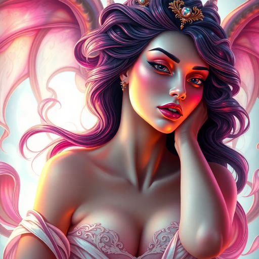 exaggerated dimensions, mythical allure, flowing curves, vibrant colors, soft lighting, baroque opulence, sensual expression, dynamic movement, mythical goddess, ethereal presence, surreal beauty, luminescent highlights, fantastical realms, intricate patterns, Da Vinci influence, Renaissance elegance, dreamlike essence, symbolic femininity, graceful contour, emotional depth, enchanting narrative