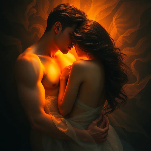 romantic sensuality, chiaroscuro lighting, vivid hues, flowing lines, emotional depth, intimate setting, Gustav Klimt influences, rich textures, human form, warm ambiance, baroque compositions, provocative aesthetic, seductive elegance, delicate forms, renaissance echoes, passionate expression, lush brushstrokes, dynamic movement, dreamlike atmosphere, contemporary flair, evocative symbolism, narrative quality, intimate portraiture, sensuous allure, timeless romance, intricate ornamentation, visual poetry, dramatic shadows