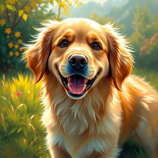 golden retriever, fluffy, joyful expression, vibrant colors, golden fur, intricate detail, dynamic pose, playful scene, sunlight, warm tones, impressionist brushwork, detailed textures, Thomas Kinkade inspiration, contemporary realism, outdoor setting, lush background, cheerful mood, morning dew, soft focus, oil paint textures, emotive gaze, lively atmosphere, natural environment, pastoral, friendly demeanor