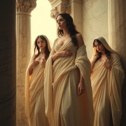 Vestal virgins, ethereal presence, Roman mythology, John William Waterhouse, classical antiquity, soft drapery, flowing robes, ethereal lighting, serene expression, historical accuracy, intricate details, symbolism of purity, temple setting, marble textures, muted color palette, spiritual aura, tranquility, elegant composition, vintage aesthetic, sacred rituals, ethereal glow, timeless elegance, harmonious balance, mystical atmosphere, ancient Rome, Renaissance inspiration