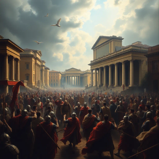 historical devastation, Alaric the Visigoth, ancient ruins, classical architecture, fiery inferno, chaos and turmoil, gothic shadows, sacking and looting, eternal city, Roman Empire, invasion, dramatic conflict, tumultuous skies, Rembrandt lighting, powerful emotions, ancient warfare, Caravaggio-inspired, chiaroscuro, symbolic destruction, fallen civilization, rich textures, monochromatic palette, intense drama, baroque influences, historical narrative, perspective of awe, melancholic atmosphere