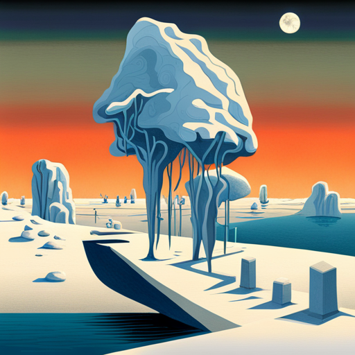 Surrealist Arctic waddle in the winter, depicted in a graphical monotone style. The scene is animated with a looping motion, as the characters slide on ice while maintaining a playful and comedic atmosphere.