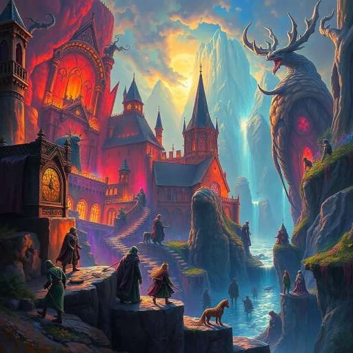 immersive fantasy realm, enchanting landscapes, mythical creatures, vibrant colors, dramatic lighting, epic storytelling, magical realism, intricate details, ethereal atmosphere, legendary quests, heroic characters, medieval influences, imaginative architecture, elaborate costumes, mystical artifacts, dynamic movement, breathtaking vistas, timeless enchantment, emotional depth, painterly techniques, surreal environments, narrative depth, John Howe inspiration, enchanted forests, ancient myths, otherworldly elements