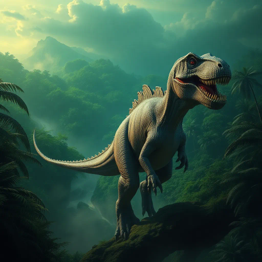 prehistoric creatures, majestic dinosaur, lush jungles, vivid emerald greens, dynamic poses, chiaroscuro lighting, mythical era, ethereal glow, intricate scales, surreal landscapes, movement and tension, timeless prehistoric panorama, Jules Verne influence, hyper-realistic textures, primordial ambiance, paleoart inspiration, vibrant life, dramatic skies, storytelling composition, atmospheric depth, earthy tones, grandeur and mysticism, visionary interpretation, epic scenery, otherworldly essence, imaginative storytelling, detailed flora and fauna, Rozovsky haze, expansive vistas, primordial forest, Eldritch influence, ancient mysteries, grand scale, mythical realism