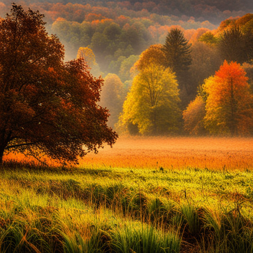 autumn, foliage, colors, golden hour, nature, landscape, impressionism, warm tones, atmospheric, tranquility, fall, harvest moon, misty, earthy, rustic, vibrant, cozy, nostalgic, picturesque, serenity, solitude, melancholy, impressionist, warm palette, soft focus, serene landscape, leafy, natural beauty, harvest season, misty morning, earthy tones, rustic charm, vibrant colors, cozy atmosphere, nostalgic vibes, picturesque scenery, serene tranquility, solitary reflection, melancholic mood, impressionistic style, warm autumn palette, soft atmospheric lighting, serene rural landscape, golden foliage, misty autumn mornings, earthy textures, rustic elements, vibrant foliage, cozy warmth, nostalgic scenery, picturesque beauty, serene solitude, melancholic atmosphere