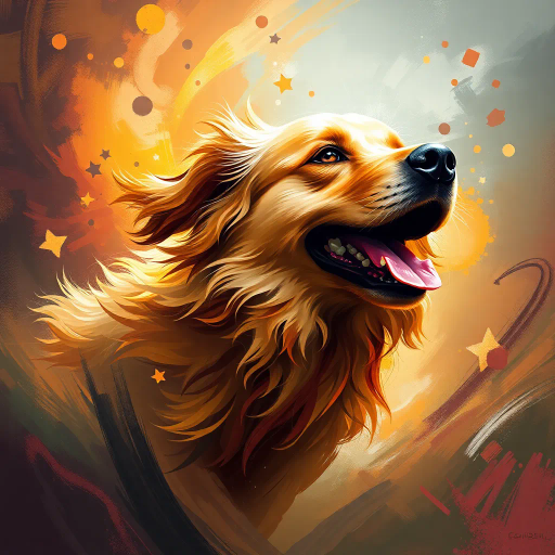 canine companion, dynamic motion, vibrant palette, abstract realism, emotional resonance, playful spirit, chiaroscuro lighting, intricate textures, surreal landscape, ethereal glow, bold brushstrokes, whimsical fantasy, modern expressionism, golden retriever, joyful essence, warm tones, harmonious balance, dynamic composition, digital canvas, expressive portrayal