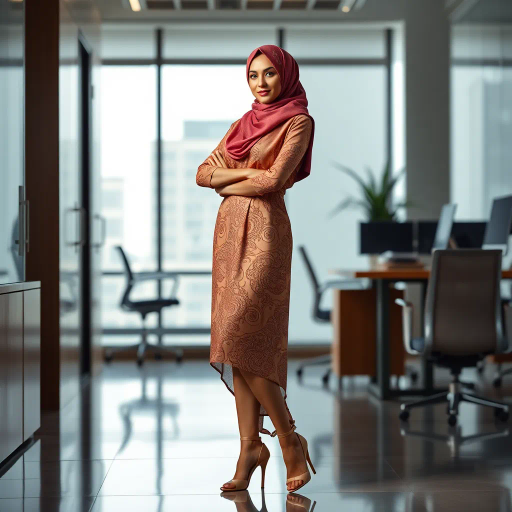 elegant Arab woman, professional attire, modern workplace, high heels, Middle Eastern influence, contemporary art style, intricate patterns, vibrant color palette, soft ambient lighting, cultural expression, dynamic posing, delicate textiles, confidence, empowerment, sophistication, grace, diverse cultural representation, cultural fusion, impressionism influences, human form depiction, balance and harmony, dynamic office environment, elegance, poise, detailed craftwork, modernism, cultural narrative, harmonious composition, vibrant textures