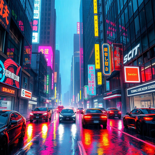 futuristic metropolis, neon lights, electric hues, Blade Runner aesthetic, cybernetic organisms, high-tech dystopia, glowing circuitry, sci-fi architecture, neon signs, digital rain, technological utopia, vibrant urban landscape, cyberpunk culture, immersive virtual realities, intricate details, dynamic composition, kinetic energy, holographic displays, dystopian society, neon glow, atmospheric ambiance, bustling streets, dark neon, avant-garde fashion, cyberspace elements