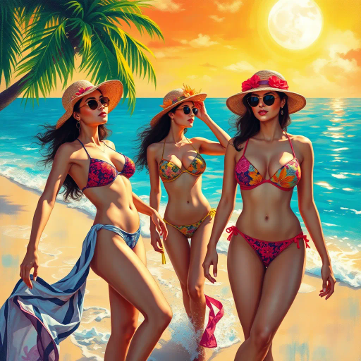 elegant ladies, vibrant bikinis, sunlit beaches, surreal lighting, impressionist techniques, flowing forms, saturated colors, dynamic compositions, Gustav Klimt, tropical ambiance, summer essence, playful mood, vibrant energy, contemporary flair, oceanic hues, shimmering textures, warm radiance, intricate patterns, modernistic approach, artistic femininity, fluid movement, dreamlike setting, bold contrasts, joyful expression, exotic influences, fashion illustration, maximum detail, symmetric balance, vivid palettes, ethereal light, verdant foliage, intricate brushwork, harmonious arrangement, Jewel-toned highlights, immersive experience, whimsical touch
